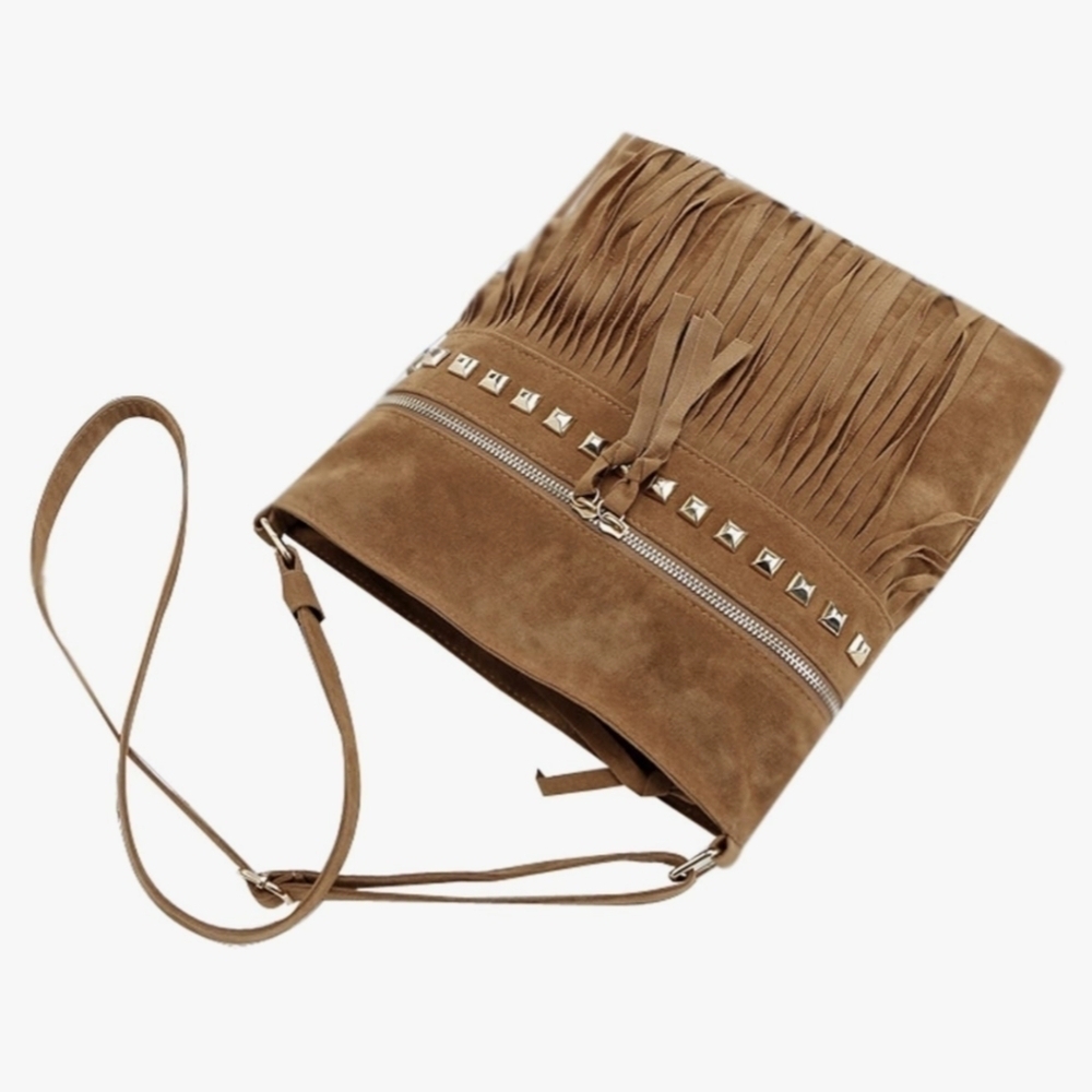 Boho Purse Fringe Bohemian Shoulder PU Suede Faux Leather 70s Hippie Style Purse - Picture 2 of 7